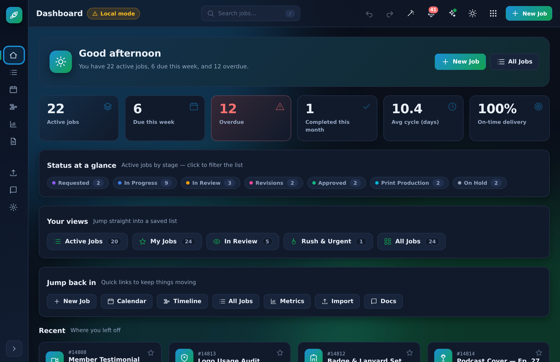 Dashboard — live KPIs and status at a glance